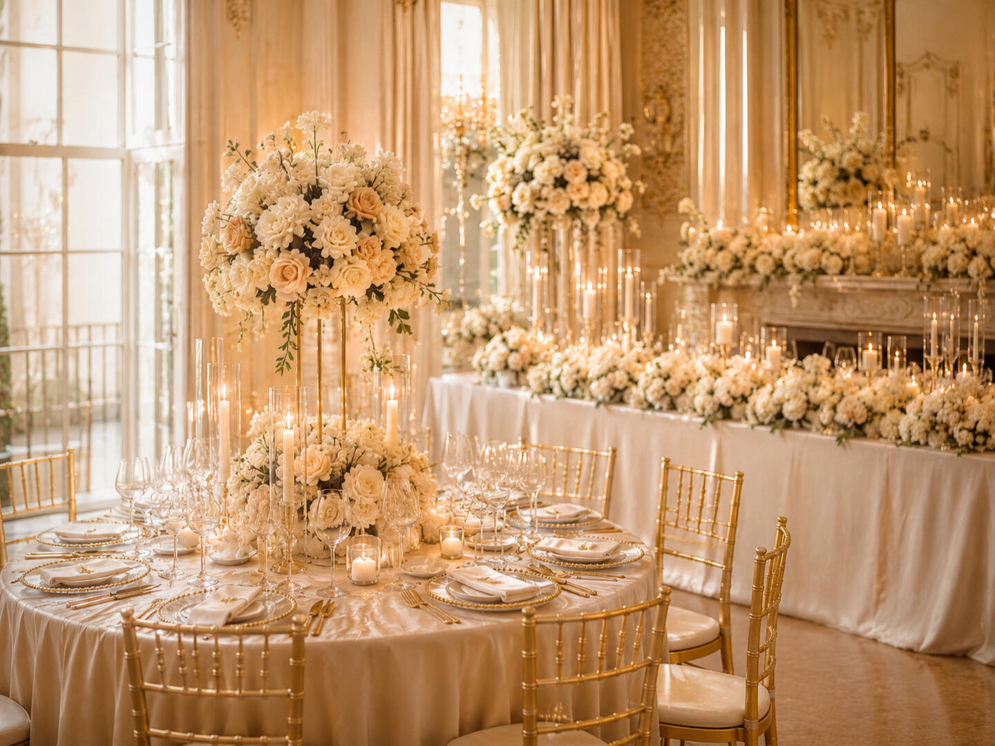 Weddings: Luxury wedding reception styling with ivory florals and gold details