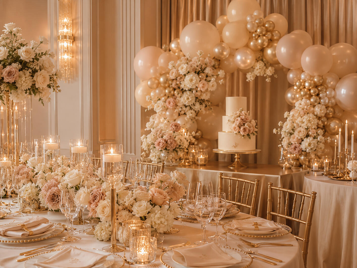Celebrations: Elegant private celebration styling with balloons, flowers and cake